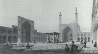 Blick in den mit vier kreuzförmig angeordneten Îwânen besetzten Innehof der Freitagsmoschee von Isfahan
