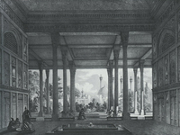 Beispiel einer iranischen Säulenvorhalle, Blick aus dem Thronsaal des "Pavillons der vierzig Säulen" (Tschehel Sutun) in die Palastgärten von Isfahan