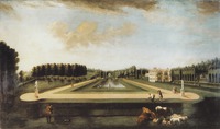 Hartwell House, Axial view of the canal from the south, showing Gibbs's temple at the end of the canal, the house and topiary alleys on the west side